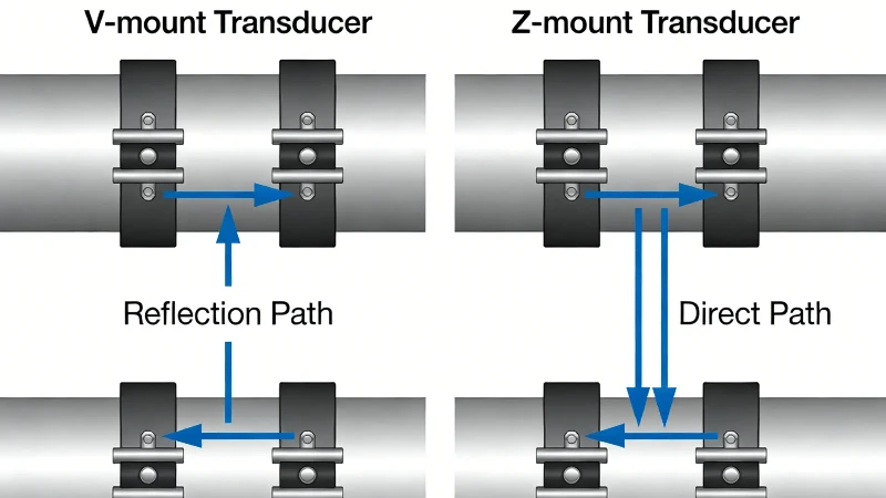 V-mount and Z-mount transducer configurations for clamp-on ultrasonic flow meters V-mount and Z-mount transducer configurations for clamp-on ultrasonic flow meters