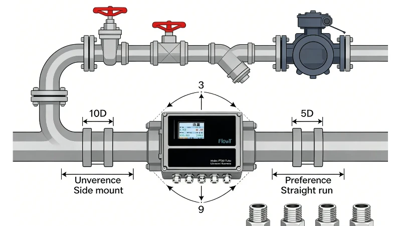 Correct and incorrect clamp-on ultrasonic flow meter installation points with straight pipe run requirements Correct and incorrect clamp-on ultrasonic flow meter installation points with straight pipe run requirements
