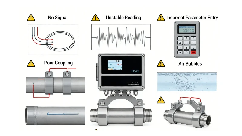 Troubleshooting diagram for common clamp-on ultrasonic flow meter problems such as no signal and unstable readings Troubleshooting diagram for common clamp-on ultrasonic flow meter problems such as no signal and unstable readings