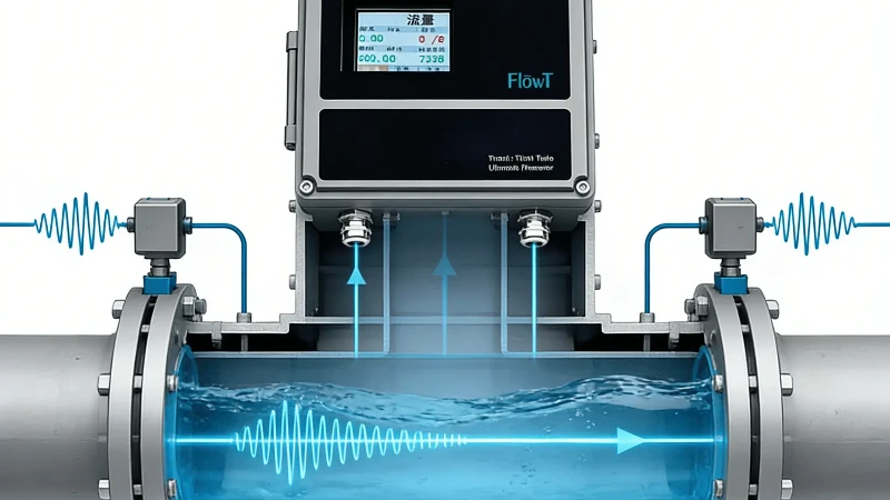 Diagram showing how a transit-time ultrasonic flow meter measures flow using upstream and downstream ultrasonic pulses Diagram showing how a transit-time ultrasonic flow meter measures flow using upstream and downstream ultrasonic pulses