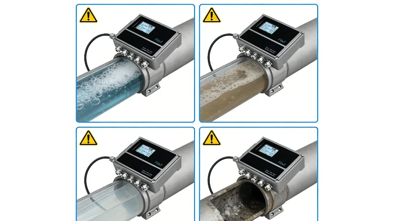 Examples of conditions that reduce transit-time ultrasonic flow meter performance, including bubbles, solids, partial pipe flow, and scaling Examples of conditions that reduce transit-time ultrasonic flow meter performance, including bubbles, solids, partial pipe flow, and scaling