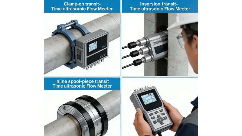 Illustration comparing clamp-on, insertion, inline, and portable transit-time ultrasonic flow meters Illustration comparing clamp-on, insertion, inline, and portable transit-time ultrasonic flow meters