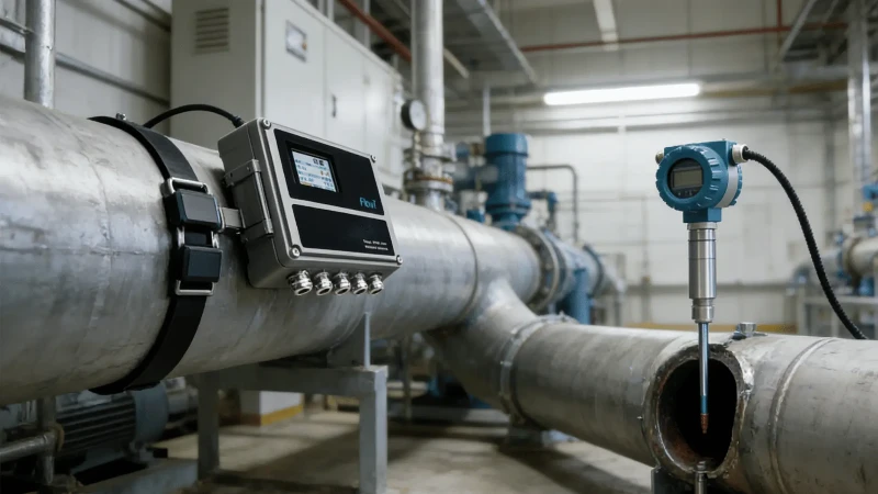 Clamp-on ultrasonic and insertion electromagnetic flow meters installed on large water pipes in an industrial retrofit application Clamp-on ultrasonic and insertion electromagnetic flow meters installed on large water pipes in an industrial retrofit application