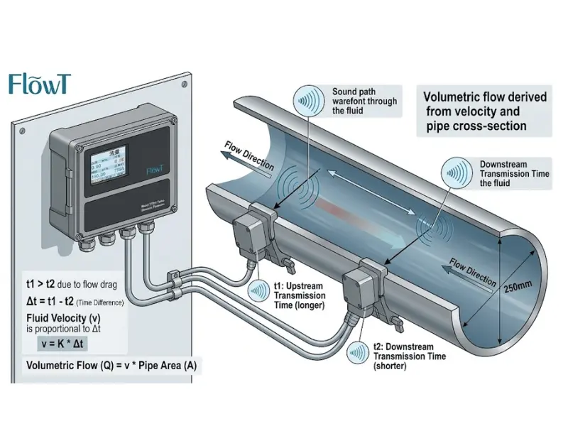 Diagram showing ultrasonic flow measurement in a full pipe, where sound waves pass through the fluid to determine velocity and volumetric flow. Diagram showing ultrasonic flow measurement in a full pipe, where sound waves pass through the fluid to determine velocity and volumetric flow.